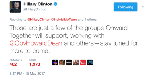 reincepriebus:  Hillary Rodham Clinton is back and part of The Resistance. Organizations mentioned: Onward Together Indivisible Team SwingLeft Color of Change Emerge America Run for Something 