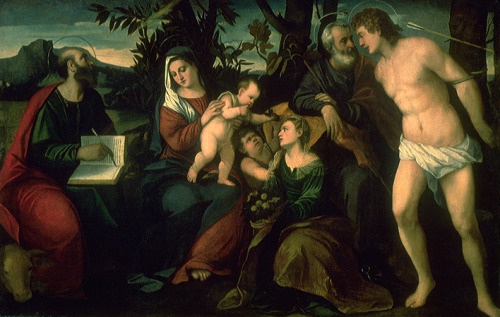 maertyrer:  Bonifazio VeroneseHoly Family with Saints Luke, Dorothy, Peter, Sebastian and the Infant Saint John the Baptistb. 1550