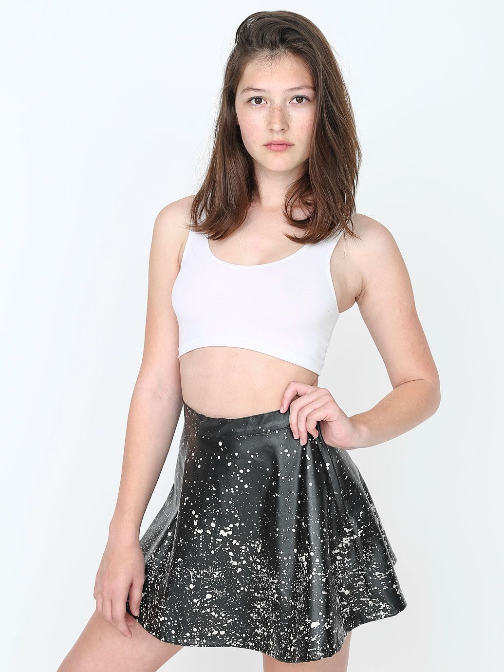 americanapparel:  The NEW Paint Splatter Vegan Leather Circle Skirt: SHOP NOW ​High-waist