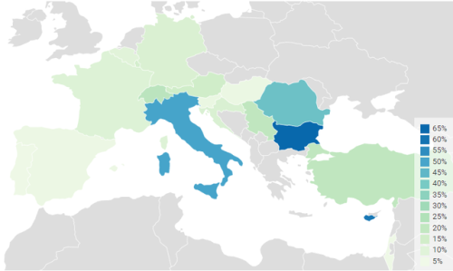 mapsontheweb:% of MyHeritage DNA users in Europe who are at least 5% Greeks in their Ethnicity Estim