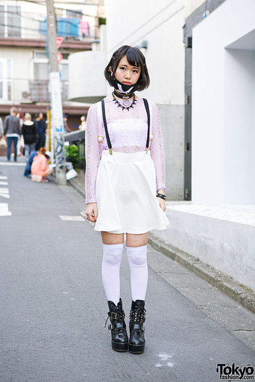 tokyo-fashion:  17-year-old Harajuku student Aoi wearing a pastel outfit featuring a Spinns lace top with a skirt and retro backpack from WEGO. Full Look 