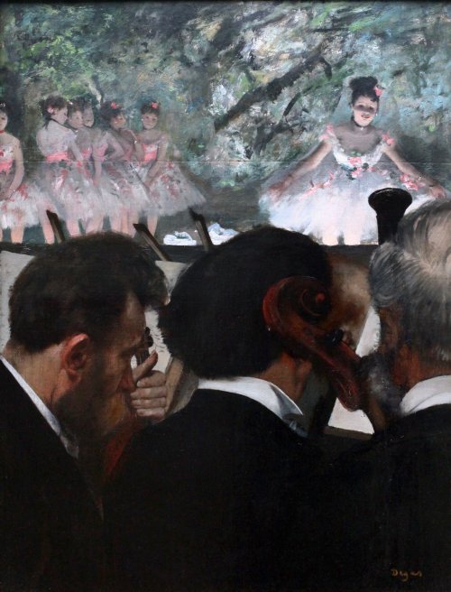 classic-art: Musicians in the Orchestra Edgar Degas, 1872