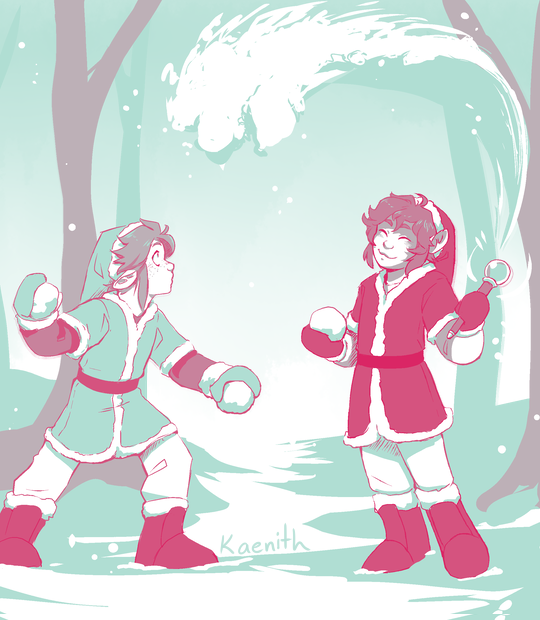 A drawing of Green and Red from Four Swords. They are wearing winter clothes and standing in the snow. Green is posed as though preparing to throw a snowball at Red, but his eyes are wide with surprise as he looks up at the looming wave of snow Red has summoned with his Ice Rod. Red is smiling with fake-innocent mischief.