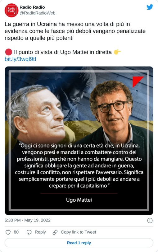 La guerra in Ucraina ha messo una volta di più in evidenza come le fasce più deboli vengano penalizzate rispetto a quelle più potenti  🔴 Il punto di vista di Ugo Mattei in diretta 👉 https://t.co/MC48MAWQwW pic.twitter.com/A3CggwdwxO  — Radio Radio (@RadioRadioWeb) May 19, 2022