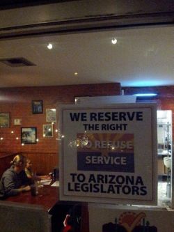 georgetakei:  From Rocco’s Little Chicago Pizzeria in Tucson. The AZ legislature just passed bill allowing businesses to refuse to serve gays on religious grounds. Glad to see some businesses throwing it back at them. #TheNewSegregation http://ift.tt/1daj