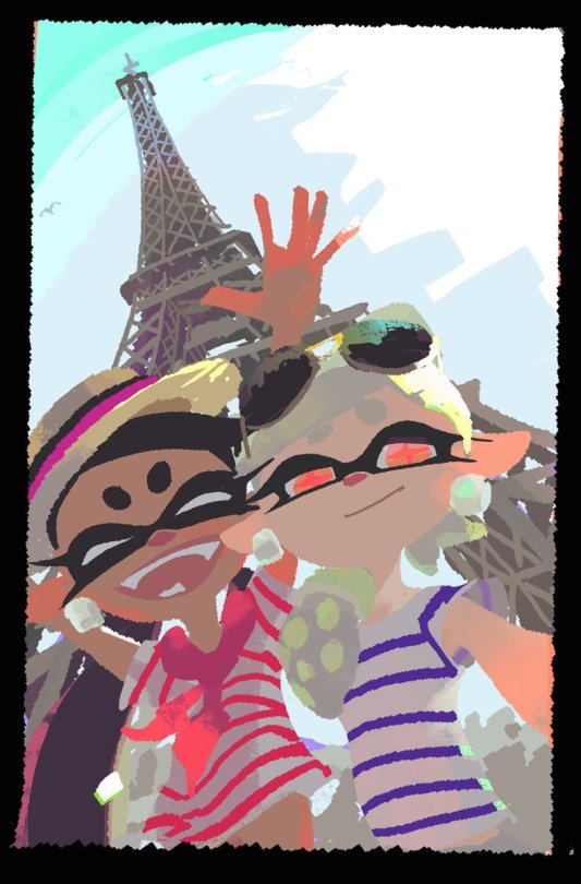 captainharrie:  captainharrie:  NoE just tweeted this rly cute art of callie n marie in paris  update: it’s because theyre having a concert! [https://twitter.com/SplatoonJP/status/750627547574964225]   <3 <3 <3