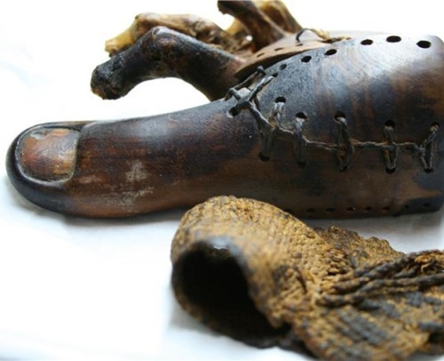 ancient-egypts-secrets: Wood and leather prosthetic toe dating from between 950 and 710 B.C., f