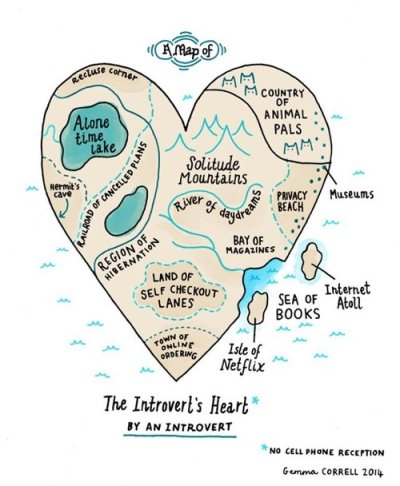 Illustrator Gemma Correll reimagines that famous Victorian map of woman’s heart into this map of the introvert’s heart.
Complement with the power of introverts, illustrated.