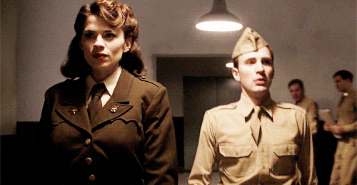rogers:  my aesthetic: peggy carter walking like a boss while steve trails behind like a lost puppy  Relationship goals 
