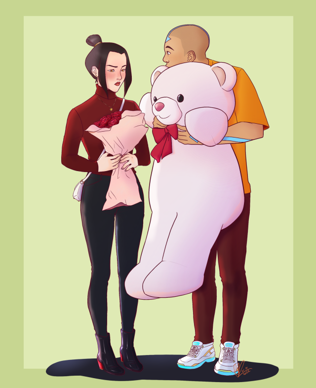 A digital artwork of Azula and Aang from Avatar: The Last Airbender. The art is full body, with both standing close and slightly facing in front of us. Azula is holding a bouquet of red camellia, blushing and with a concentrated look. She's wearing a deep red turtleneck shirt, a pair of black long jeans and a black vynil ankle boots with red heel. Aang is holding tight a big white teddy bear plush with a red ribbon, looking intently at Azula. He's wearing an orange t-shirt with a dark bordeaux jeans and white-green-yellow- light blue sneakers. 