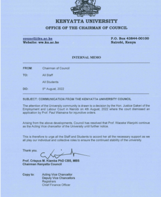 Kenyatta University Council name Prof. Paul Wainaina’s replacement