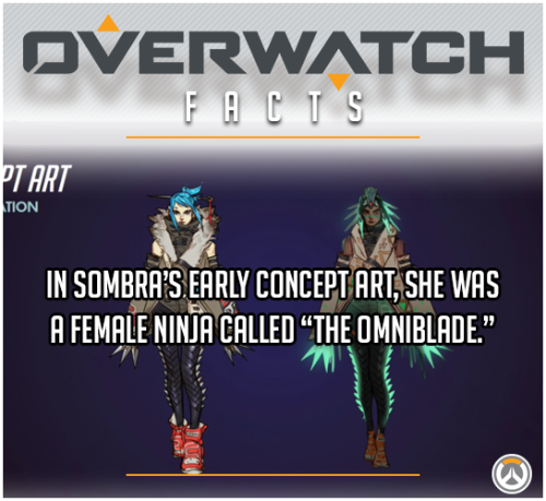 “In Sombra’s early concept art, she was a female ninja called “The Omniblade.””