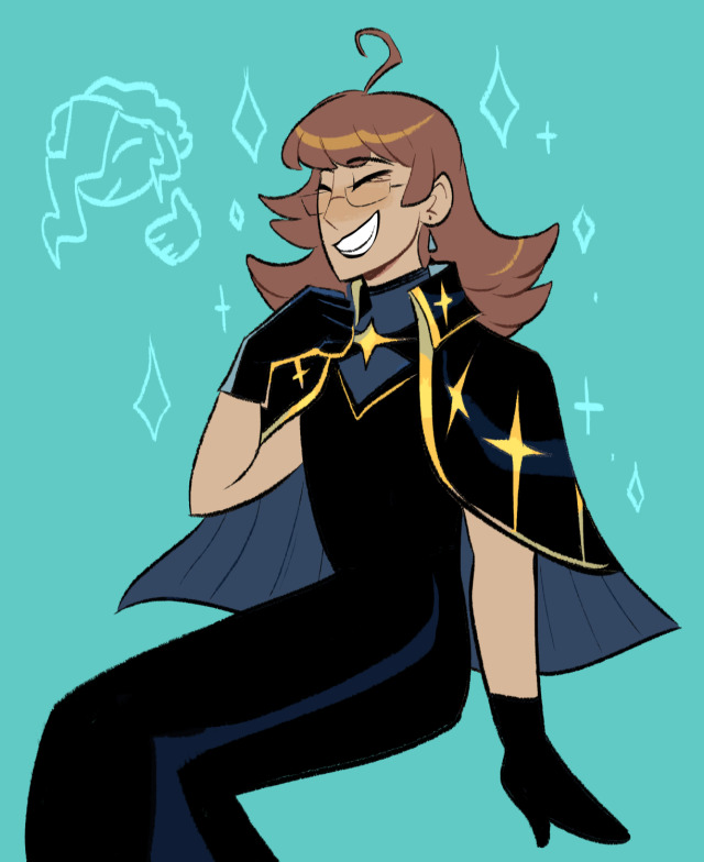 An older Sebastian Debeste, sitting down and grinning with their eyes closed. They have glasses and longer, shoulder-length hair. Seb wears a sleek black sleeveless dress with matching gloves and over it, a black overcoat cape with golden trim and a collar and star design similar to Justine's cape. in the background are sparkles around Seb and a tiny chibi doodle of Justine giving a thumbs up