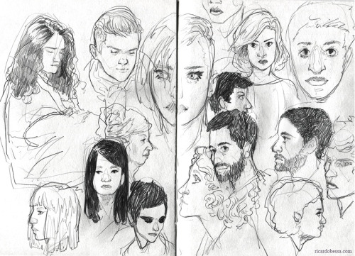 ricardobessa:  I’m done with my current sketchbook  and I filled quite a few pages with faces. Decided to collect some of my favourite spreads here, in no particular order. I’ve posted most of them already - first one is new, though. Seeing all