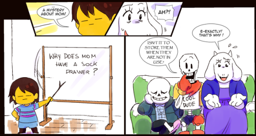 drawloverlala: Old lady tells pun, in other news a dumb human child is too nosy and a skeleton laughed. Sorry if there’s bad English lol, i did this silly comic based on how nosy i like to hc my Frisk and the fact that In Toriel’s room, she has a