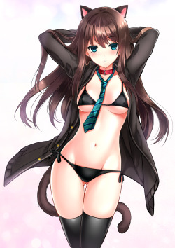 Akirakitty:  Animal Ears Bikini Cleavage Erect Nipples Mafuyu Nekomimi Open Shirt