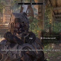 anotherconfusedfuck: fueled-by-nightcore:  unrepentantwarriorpriest:  I can respect that.  this is the realest reason to use one handed weapons.  Here’s why all of you who have Skyrim for PC should ABSOLUTELY install the Inigo follower mod, even if