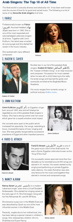 The Top 10 Arab Singers of All Time. Read more.