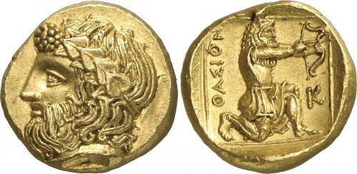 archaicwonder:Rare gold hemidrachm from Thasos, Thracian islands, c. 380 BCThe bearded head of Diony