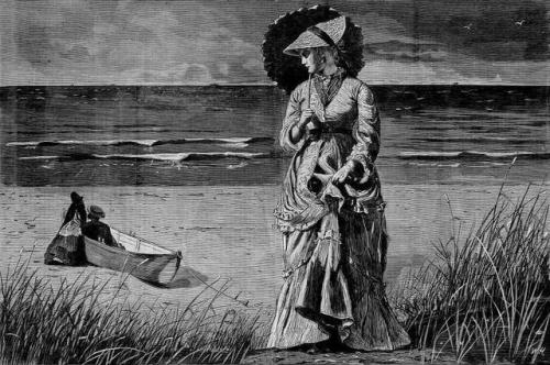 On the Beach – Two Are Company, Three Are None, a wood engraving drawn by Winslow Homer and pu