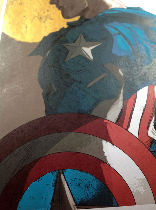 thehappysorceress:mingdoyle:  11x17&quot; Captain America prints, each with individual hand-pain