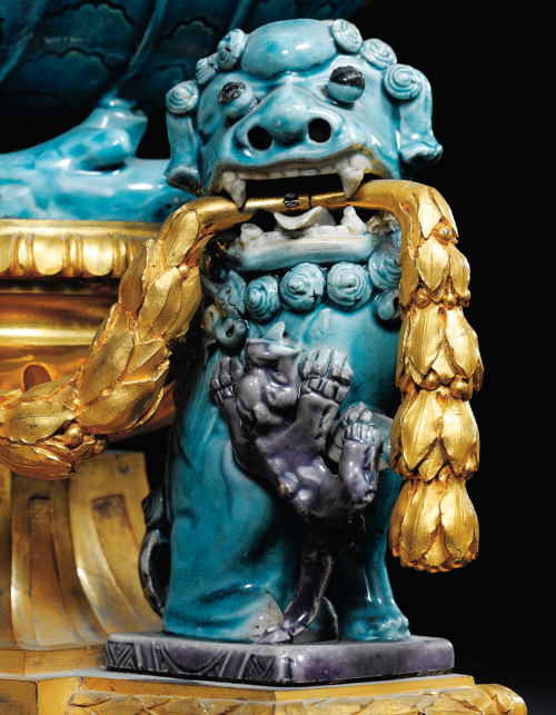 Hybrid objects - A gilt-bronze mounted chinese bleu céleste porcelain garniture composed of three po