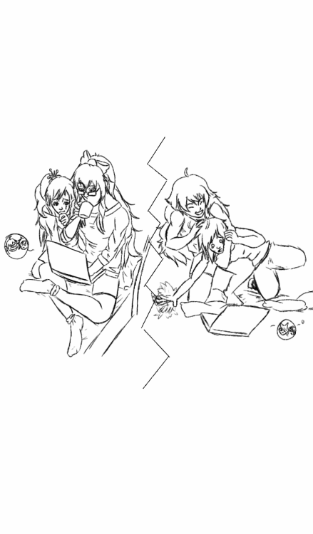 A little doodle for that ‘RWBY meets on omegle’ au  idea that popped in my head in which Weiss and Blake are collage roommates in New York City and Yang and Ruby are sisters in Sydney, Australia,  and in a fit of boredom,  Weiss and Blake