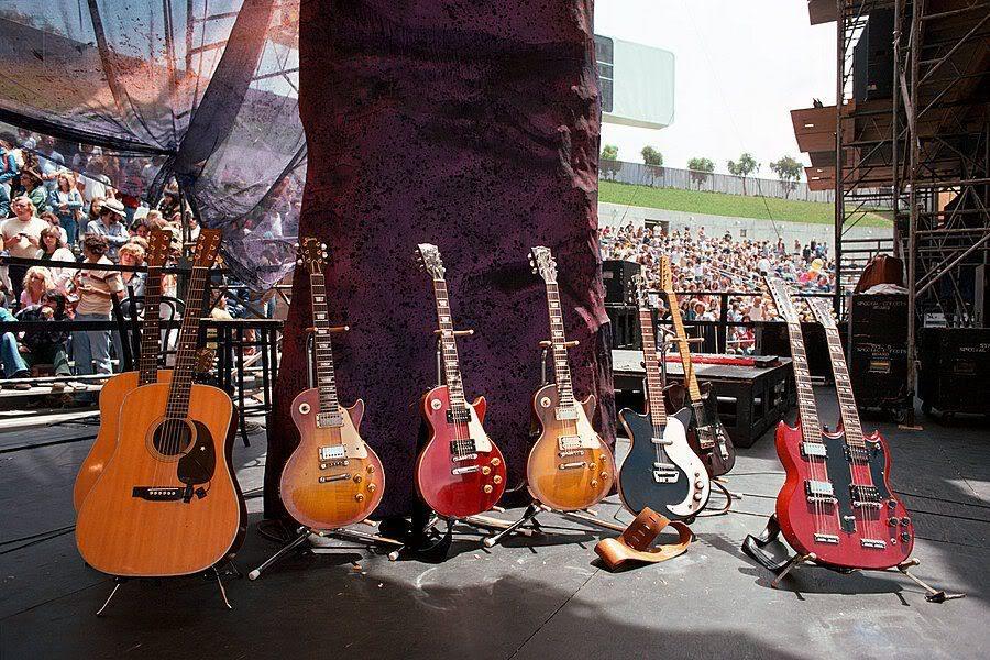rodpower78:  Jimmy Page`s guitars at the Day On The Green concert in 1977.