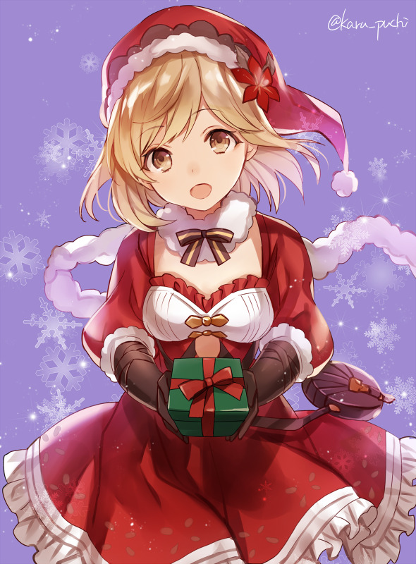 グランブルーファンタジー、ジータ、yuzuki karu、ドレス、リボン、ハッピー、クリスマス、帽子、手袋、お花、茶色の瞳、金髪、雪