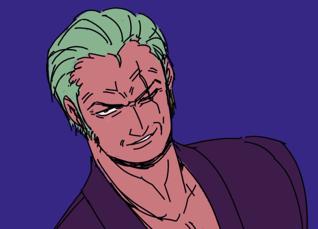 Sketchy fanart of Zoro from One Piece using Oda's 40-year-old design. He's coloured in cool tones, smirking from under his brow towards someone out of view. DILFy.