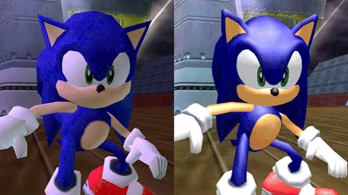 sonichedgeblog:  A comparison of Sonic’s model in ‘Sonic Adventure’ and the DX re-release, from the Battle with Gamma cutscene.