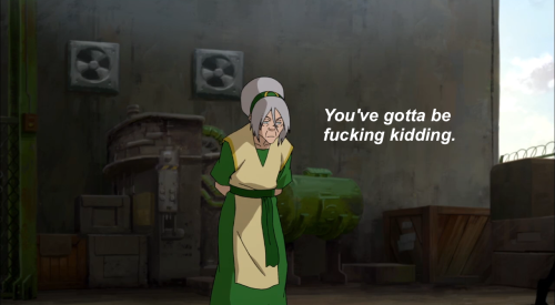 kuvirsass:  But let’s just talk about the fact that the Beifong’s have been fighting off Kuvira’s army for a while and were on the brink of getting captured again yet Toph, a blind old woman with a sore back who wanted nothing to do with this fight,