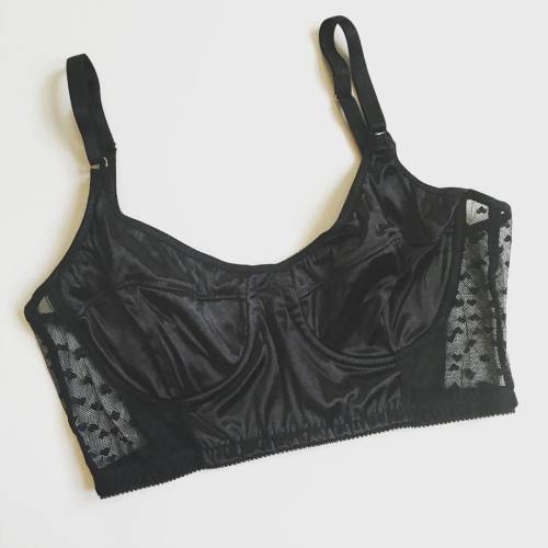 A black satin and mesh Cindy bra. Pattern is available in my shop, www.ohhhlulusews.etsy.com #bramak