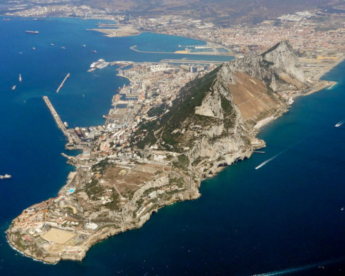 Aerial view of Gibraltar, looking north-west towards San Roque.Gibraltar is a disputed British Overs