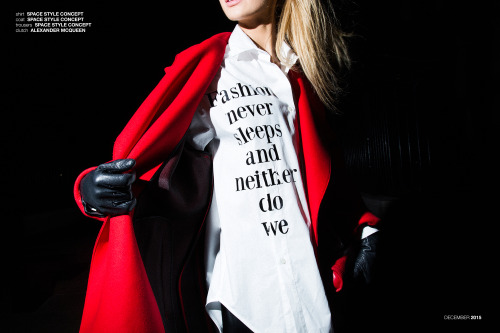 Wearing Space Style Concept: red oversized coat, shirt with this fun quote and black leather trouser