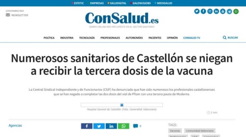 #Telegram #NessunaCorrelazione
Spagna. Numerosi operatori sanitari della città di Castellón rifiutano di ricevere la terza dose del siero bit.ly/31ptukv
Entra nella Chat di Nessuna...