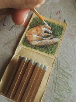 whosstandingtall:  &ldquo;Sleep, and when you wake I might be gone&rdquo;  fox color drawing inspired by Sigur Ros’s “Ekki Mukk” song/film  color pencils and white acrylic paint on an old paper matches case I found