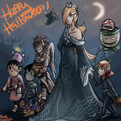 runescratch:  Rosalina taking some of the smash kids out for trick-or-treating, I headcanon her as being team mom so she has a lot of fun taking care of the kids and doing stuff like this for them Happy Halloween, I hope everyone had/has a fun and safe