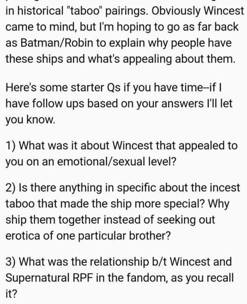 Calling my fellow wincest shippers, this author is writing a piece on the appeal of “taboo” ships an