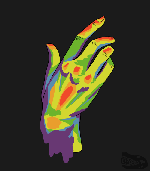 spectrum[ID: A digital drawing of a right hand, outstretched upwards. The shading used follows the o