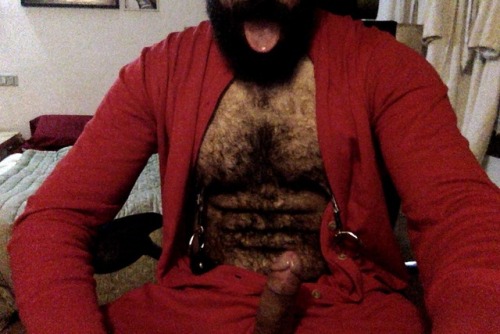 leather-big-wolf: Heavy Nipples weights, my red Union Suit, and my thick hard meat. Come, let Daddy have some fun boy ! 