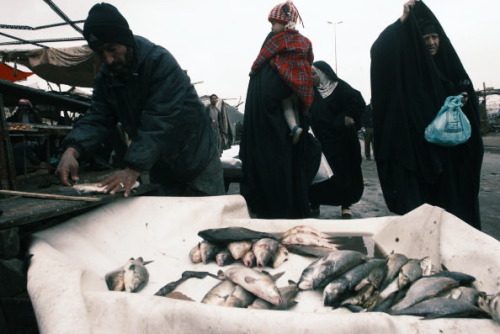 A fishmonger prepares fish at a market in Baghdad’s predominantly Shiite Muslim neighborhood o