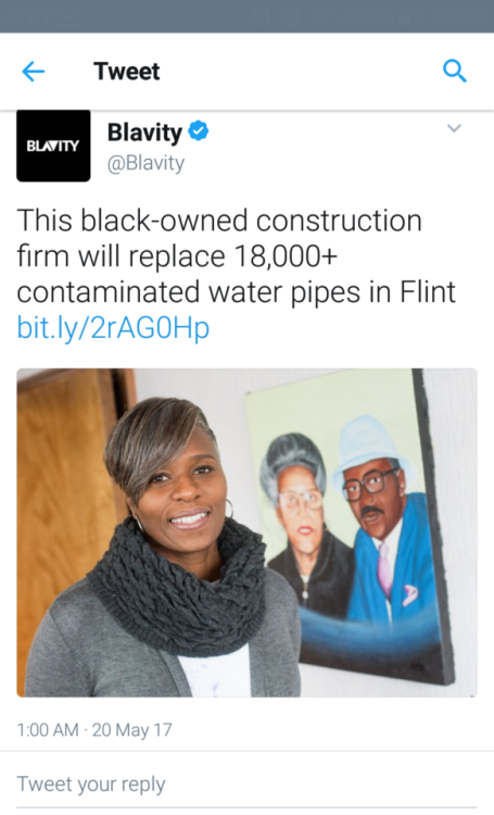 sale-aholic:  the-life-of-a-business-woman:  Link: https://blavity.com/black-owned-construction-firm-replace-contaminated-water-pipes-flint?utm_content=buffer81544&utm_medium=social&utm_source=twitter.com&utm_campaign=buffer  Good news for