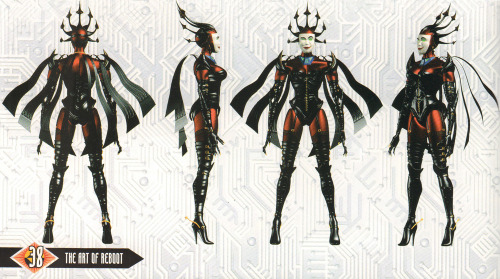 harpieshriekings: The Art of ReBoot - Hexadecimal’s final model (top), concept designs by Brendan McCarthy (middle), and mask expressions by Studio B (bottom).