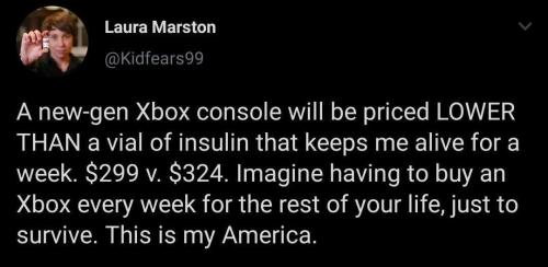 thatweirdoneintheback:iamtheocean:There’s math that can really put something plainly and clearly in most people’s mind.   [Image id: screencapped tweet from Laura Marston, @/Kidfears99, reading: “A new-gen Xbox console will be priced LOWER THAN