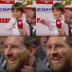 thiagito-messi:A little kid had the privilege to present the Golden Boot onto the stage, afterwards he waved a kiss towards Messi. His reaction is wonderful ❤