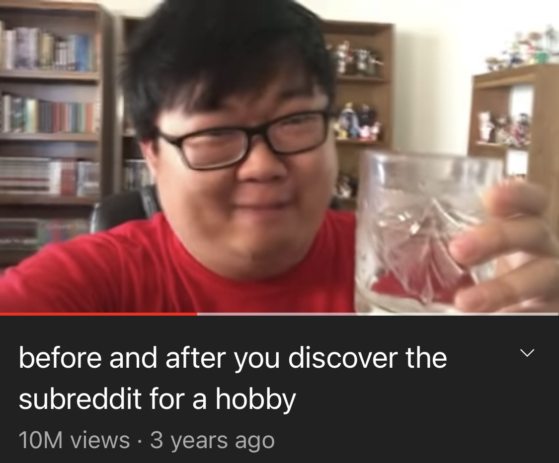 a screenshot from the youtube video "before and after you discover the subreddit for a hobby" showing the creator SungWon Cho smugly drinking a glass of plain water