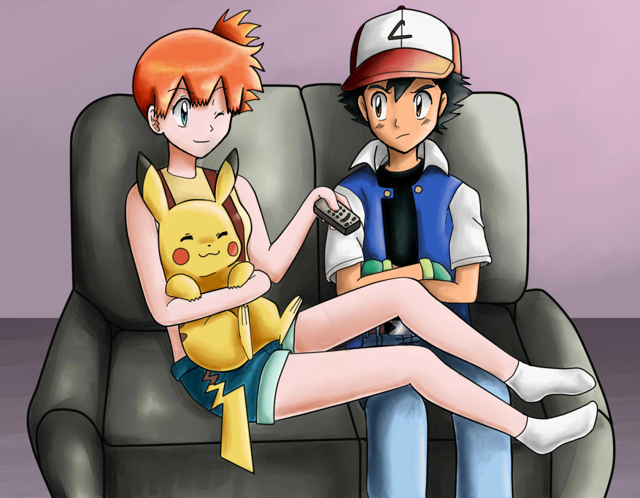 naminori-pikachu:Misty managed to get the remote control (with Pikachu’s all-too-willing