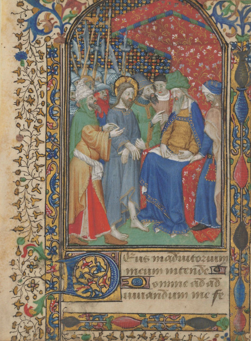 Christ before Pilate, illuminated leaf from a manuscript known as the Tarleton Hours, circa 1430. MS