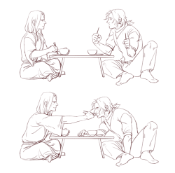 minghii:  young VS old. i’d imagine young mccree don’t know how to use chopsticks well enough yet so he acts cute to try to get hanzo to pamper him as for the older version. it’s ok mccree i’m sure that’s just hanzo flirting with you 